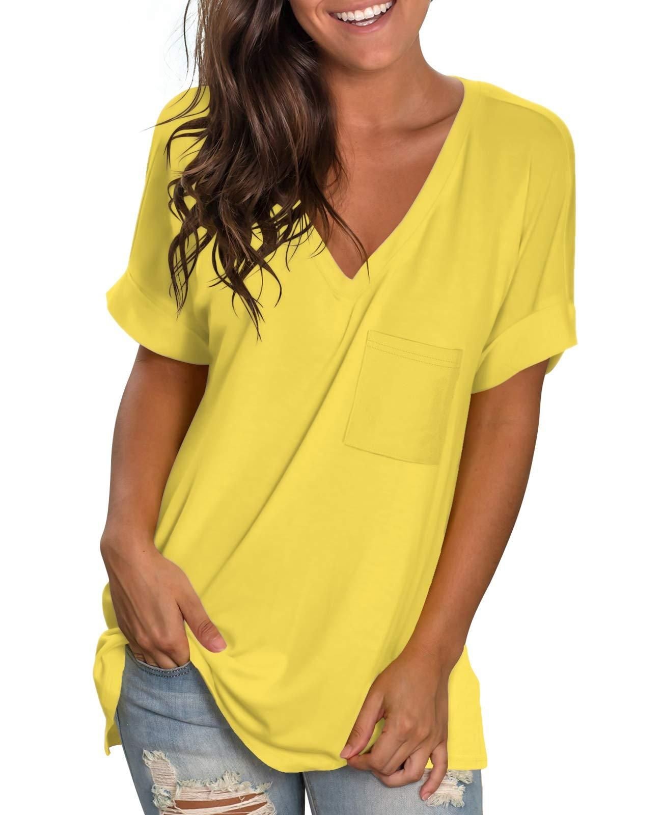 Basic Tee Shirts for Women Tshirts Loose Fit V Neck Tops Summer Side Split Yellow L