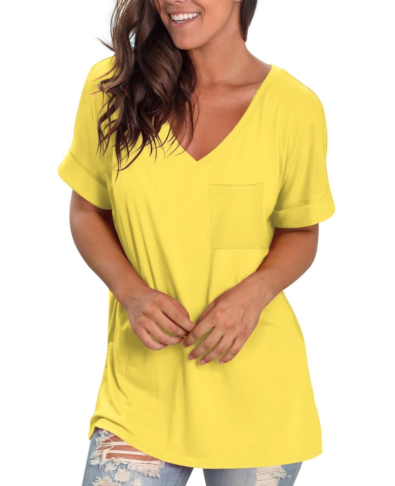 Basic Tee Shirts for Women Tshirts Loose Fit V Neck Tops Summer Side Split Yellow L