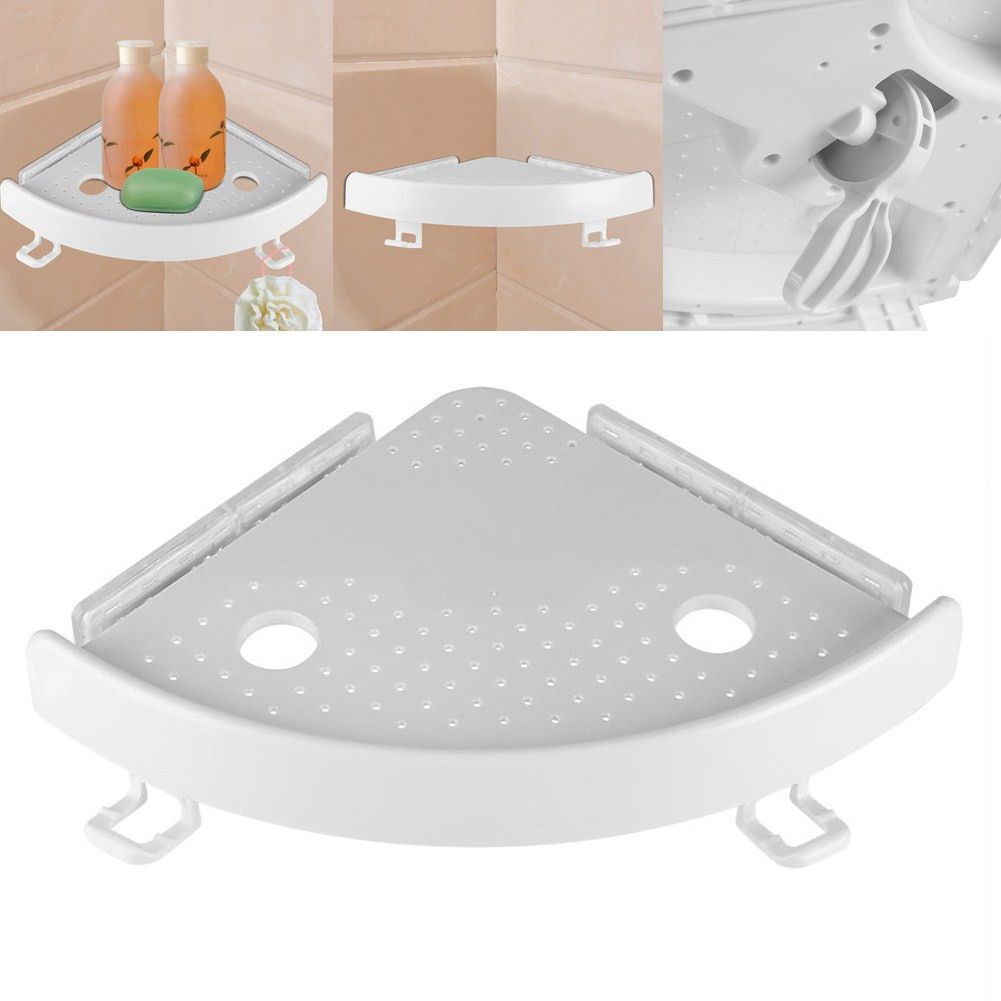 Bathroom Wall Corner Shelf Organizer, Kitchen Corner Storage Rack Non-Marking Shelf with Hooks, Easy to Install (White, One Size)