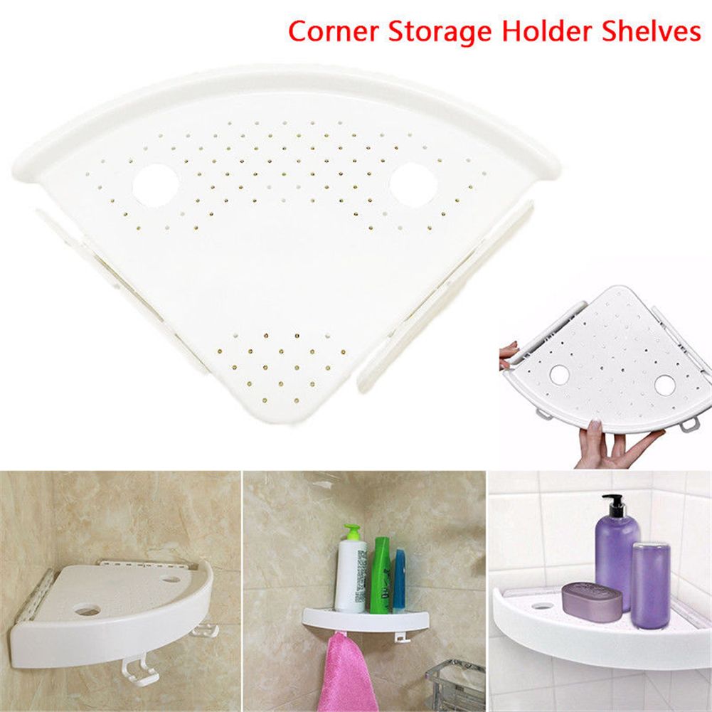 Bathroom Wall Corner Shelf Organizer, Kitchen Corner Storage Rack Non-Marking Shelf with Hooks, Easy to Install (White, One Size)