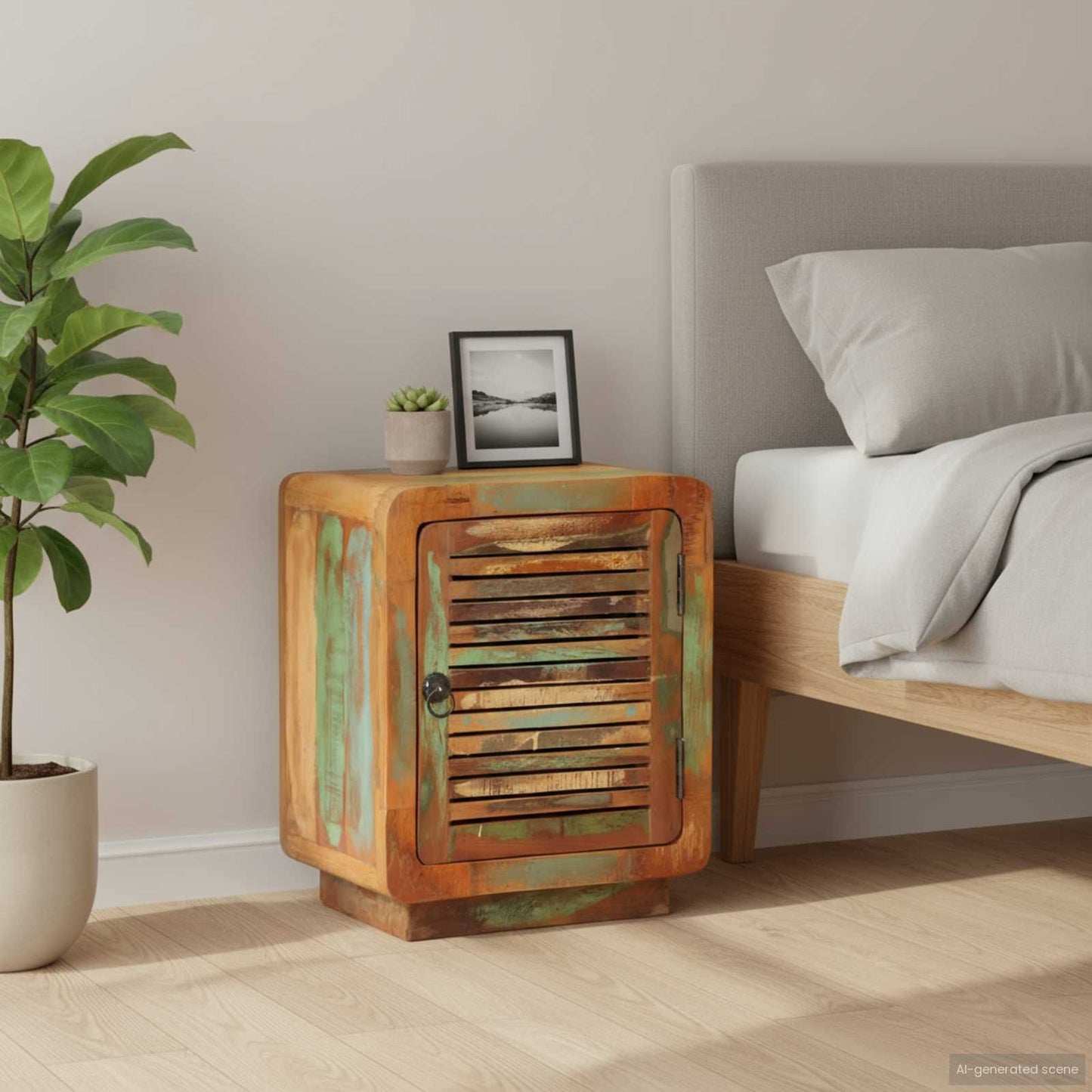Bedside Cabinet Multicolor - Mixed Wood Tones Solid Reclaimed Wood