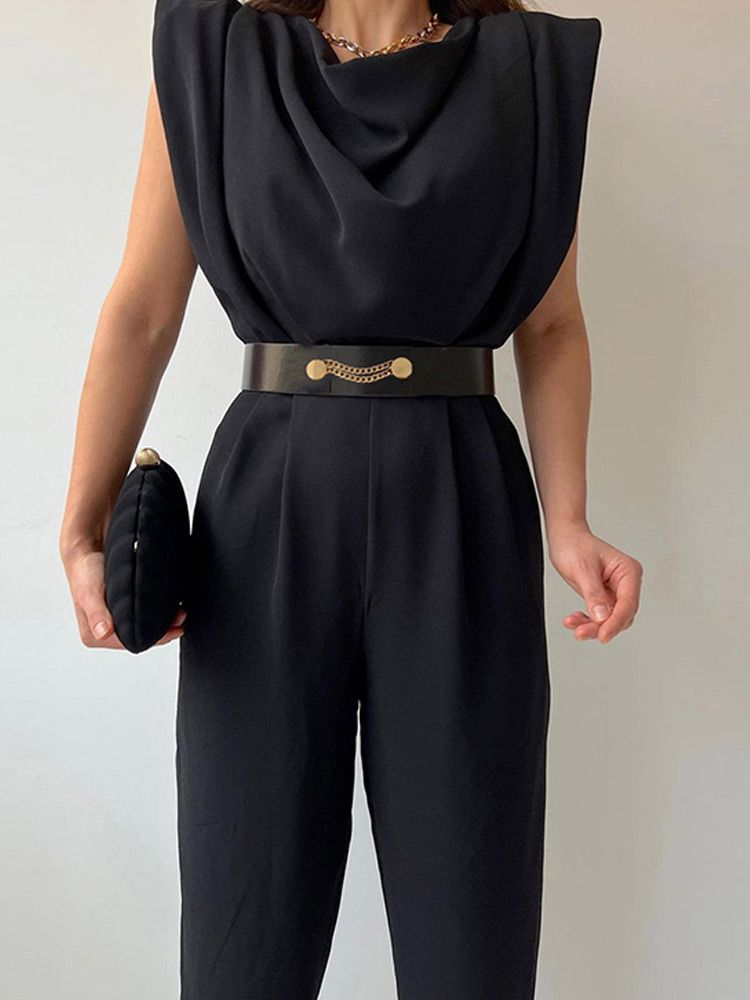 Belt Pleated Jumpsuits Women 2022 Summer Solid Sleeveless Bodysuits Fashion Shoulder Pads Office Lady Elegant Zipper Romper