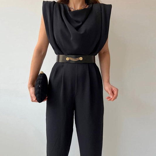 Belt Pleated Jumpsuits Women 2022 Summer Solid Sleeveless Bodysuits Fashion Shoulder Pads Office Lady Elegant Zipper Romper