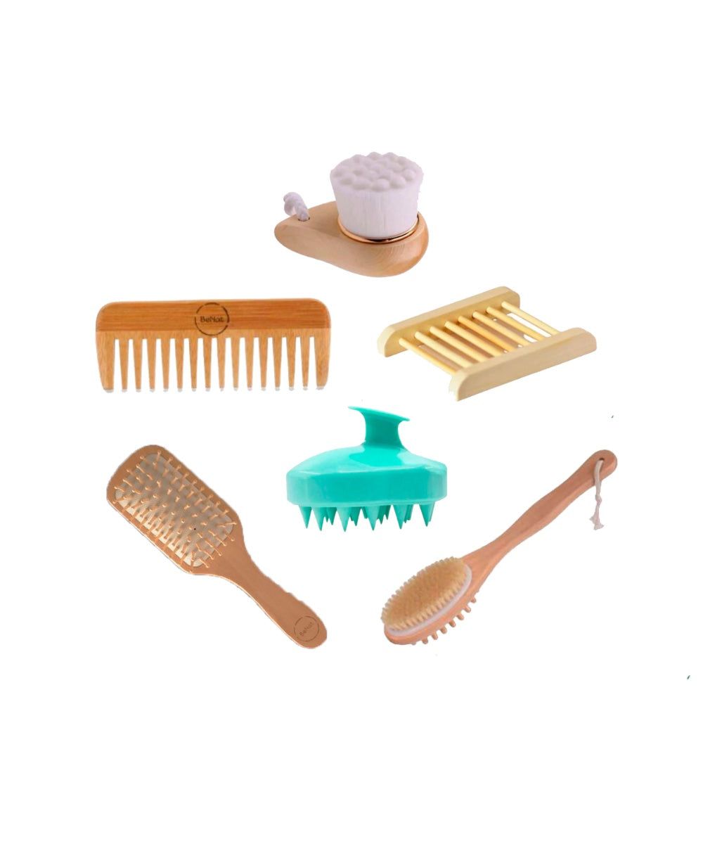 BeNat Premium Eco-Friendly 6-Piece Bamboo Bath Essentials Set - Includes Body Massage Brush, Facial Brush, Detangling Hairbrush & Soap Dish