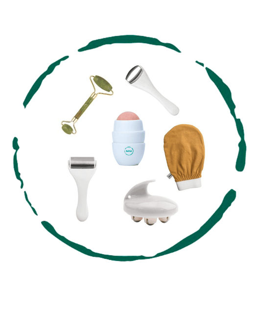 BeNat Skincare Accessories Bundle (6 Pcs) - Premium Ice Roller for Face & Eye, Body Massager, Jade Facial Roller, Raw Silk Exfoliating Glove, and Volcanic Stone Oil-Absorbing Roller Home Spa Gift Set
