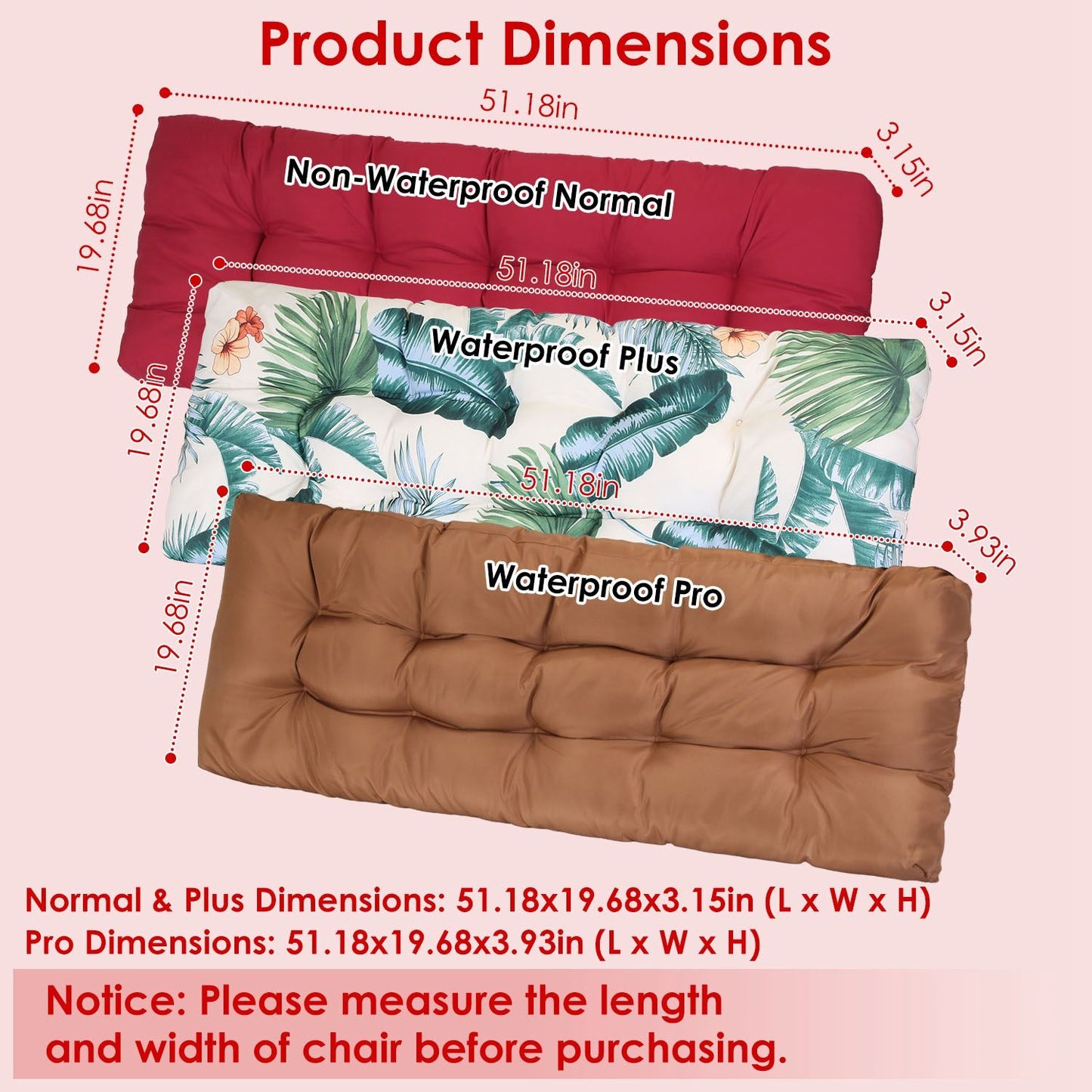 Bench Seat Cushion For Indoor Outdoor Furniture Non Slip Long Chair Cushion with Ties Strap Waterproof Swing Cushion 51.18x19.68IN For Garden Patio Balcony Entryway