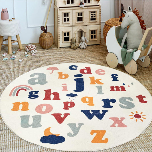 Boho Round Rug 4 Ft Washable Area Rug for Kids Room, Colorful Sun Circle Rug for Playroom, Non-Slip Circular Office Carpet Soft Rainbow Rug for Bedroom Reading Corner Dorm