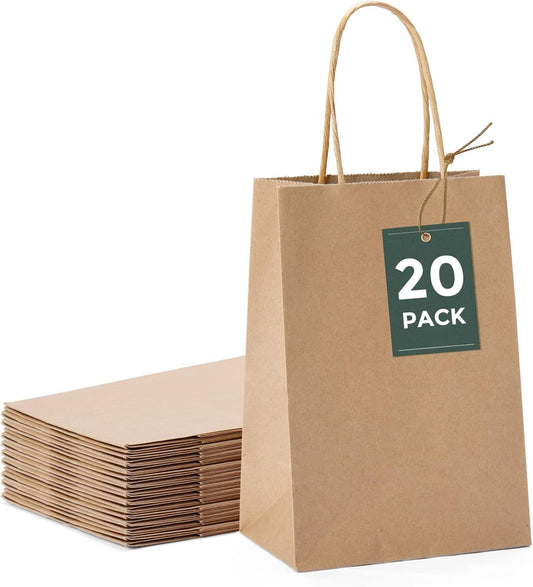 Brown Paper Bags 5.25x3.75x8 20Pcs, Small Gift Paper Bag with Handles Bulk, Graduation Gift, Sturdy Kraft Paper, Retail Shopping Bags, Party Favor