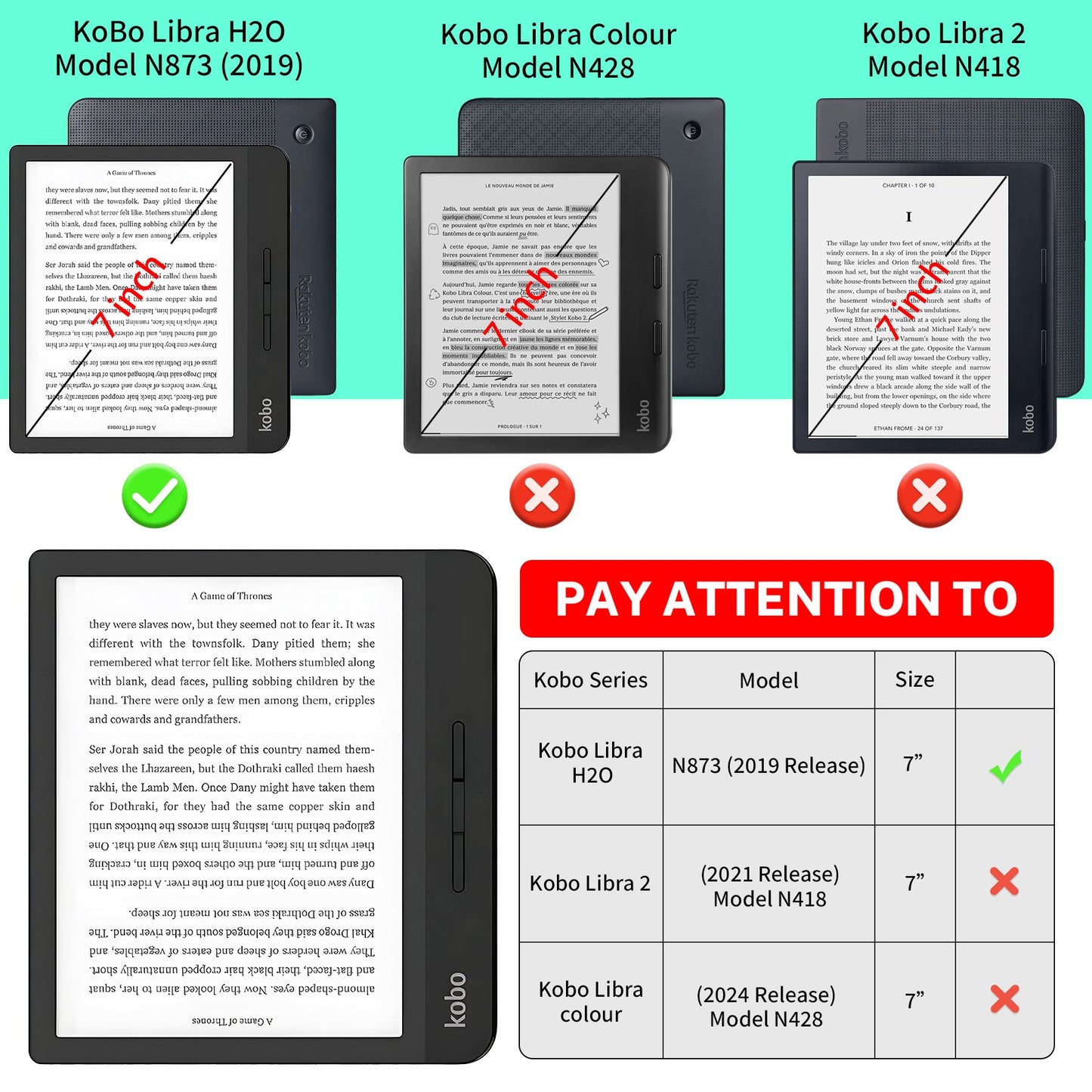 Case Compatible with 7 Inch Kobo Libra H2O Ereader(Model: N873, 2019 Release), Includes a Screen Protector - 7" Premium PU Leather Cover with Auto Sleep/Wake, Only Ereader Case