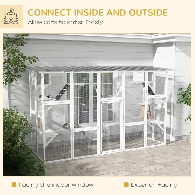 Catio Playground Cat Window Box Outside Enclosure, Wooden Outdoor Cat House with Weather Protection Roof for Multiple Kitties, Cat Shelter Kitten Playpen with Shelves & Bridges