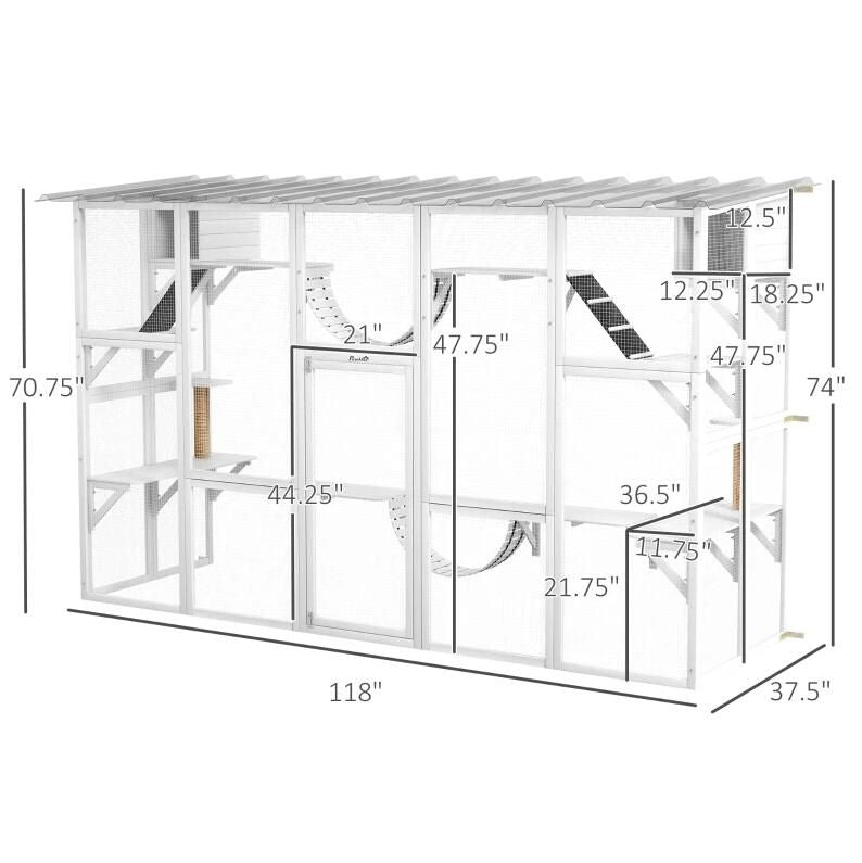 Catio Playground Cat Window Box Outside Enclosure, Wooden Outdoor Cat House with Weather Protection Roof for Multiple Kitties, Cat Shelter Kitten Playpen with Shelves & Bridges