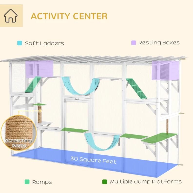 Catio Playground Cat Window Box Outside Enclosure, Wooden Outdoor Cat House with Weather Protection Roof for Multiple Kitties, Cat Shelter Kitten Playpen with Shelves & Bridges