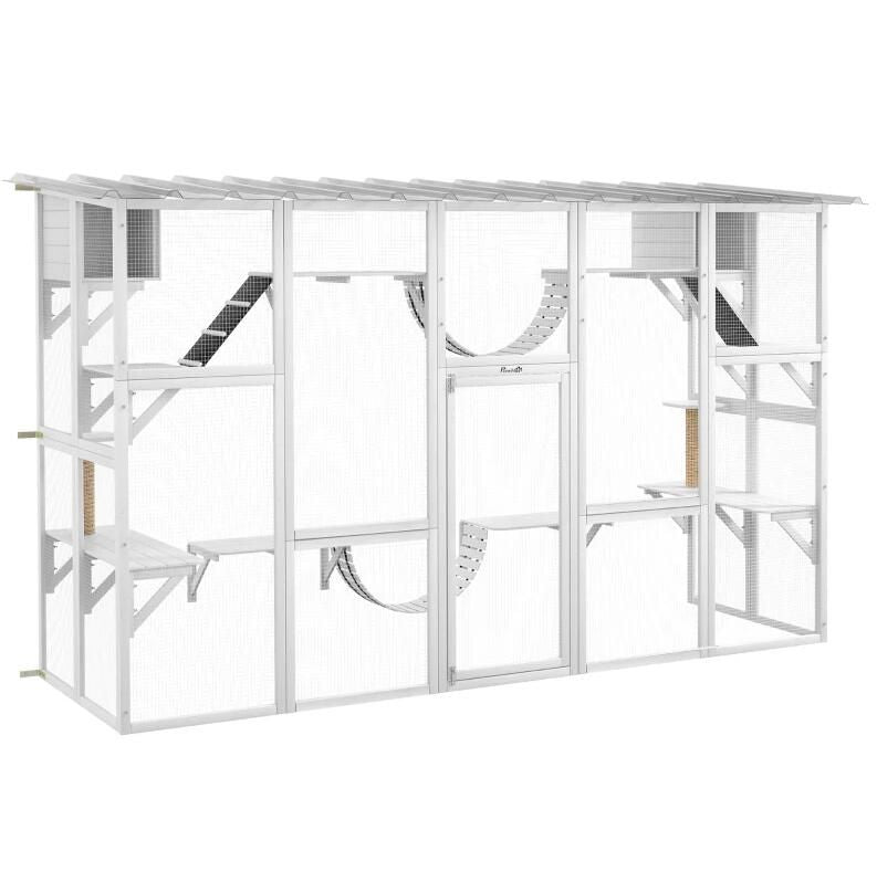 Catio Playground Cat Window Box Outside Enclosure, Wooden Outdoor Cat House with Weather Protection Roof for Multiple Kitties, Cat Shelter Kitten Playpen with Shelves & Bridges