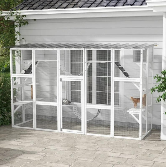 Catio Playground Cat Window Box Outside Enclosure, Wooden Outdoor Cat House with Weather Protection Roof for Multiple Kitties, Cat Shelter Kitten Playpen with Shelves & Bridges