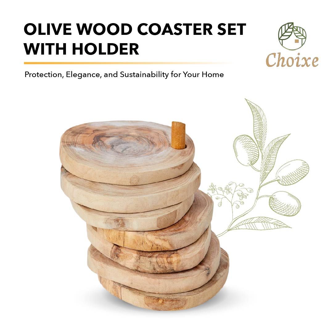 Choixe Hand-Carved Olive Wood Coaster Set with Holder, 7-Piece Heat-Resistant Rustic Drink Coasters for Wooden Table Protection, Elegant Decorative Tabletop Accessories for Home, Kitchen, and Bar