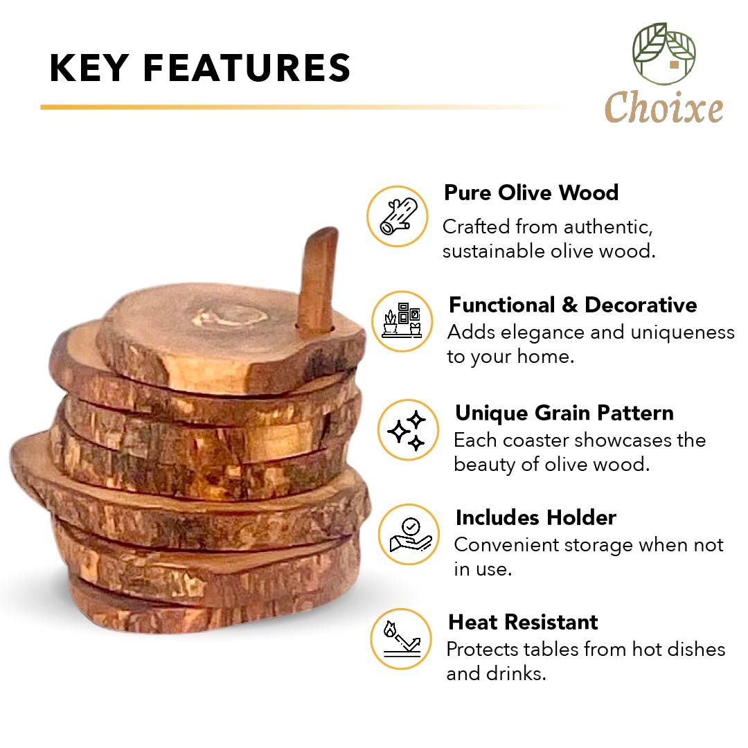 Choixe Hand-Carved Olive Wood Coaster Set with Holder, 7-Piece Heat-Resistant Rustic Drink Coasters for Wooden Table Protection, Elegant Decorative Tabletop Accessories for Home, Kitchen, and Bar