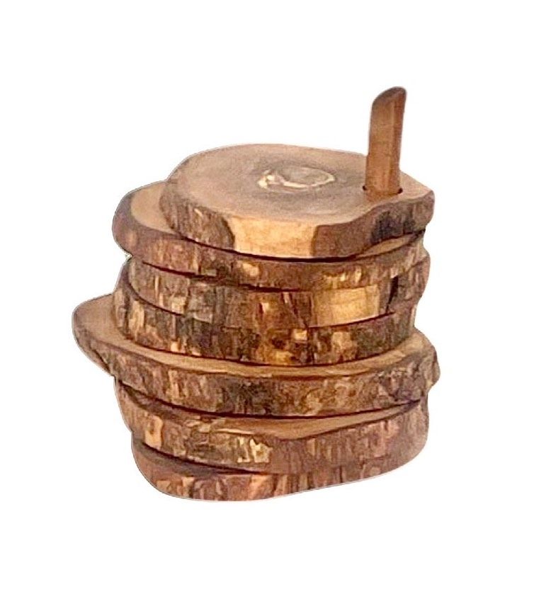 Choixe Hand-Carved Olive Wood Coaster Set with Holder, 7-Piece Heat-Resistant Rustic Drink Coasters for Wooden Table Protection, Elegant Decorative Tabletop Accessories for Home, Kitchen, and Bar