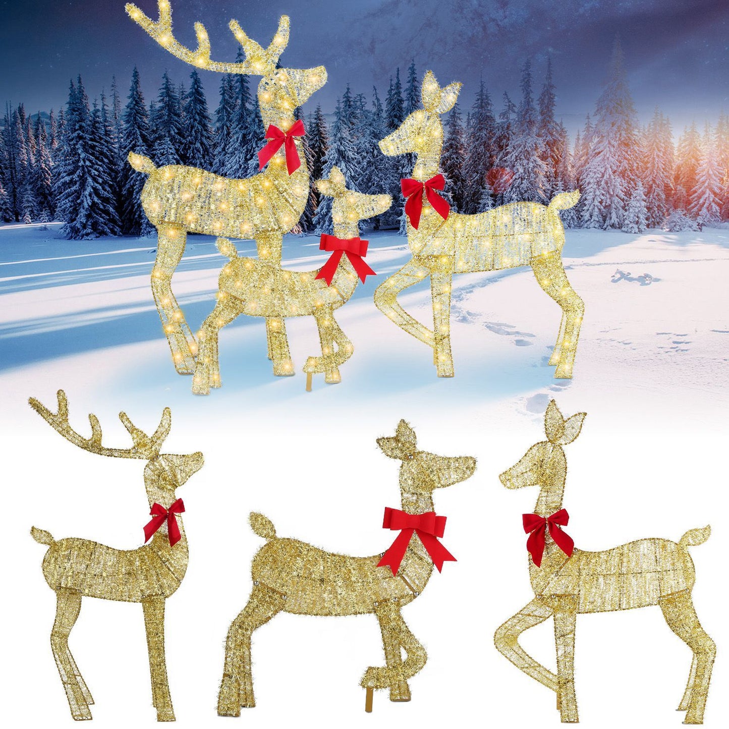 Christmas Lighted Reindeer Family Decor - 3-Piece 2D Design 8 Modes LED String Lights, Rustproof Iron Outdoor Indoor Holiday Decor