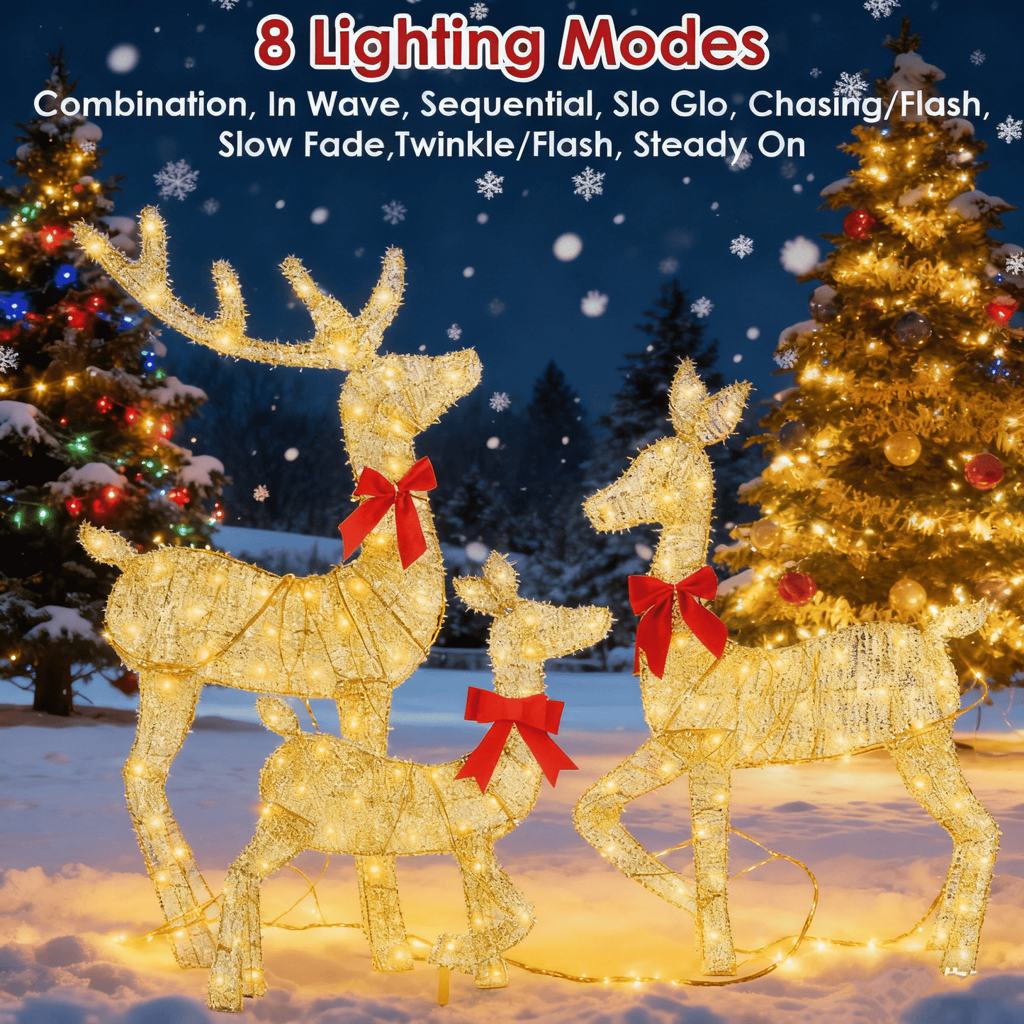 Christmas Lighted Reindeer Family Decor - 3-Piece 2D Design 8 Modes LED String Lights, Rustproof Iron Outdoor Indoor Holiday Decor