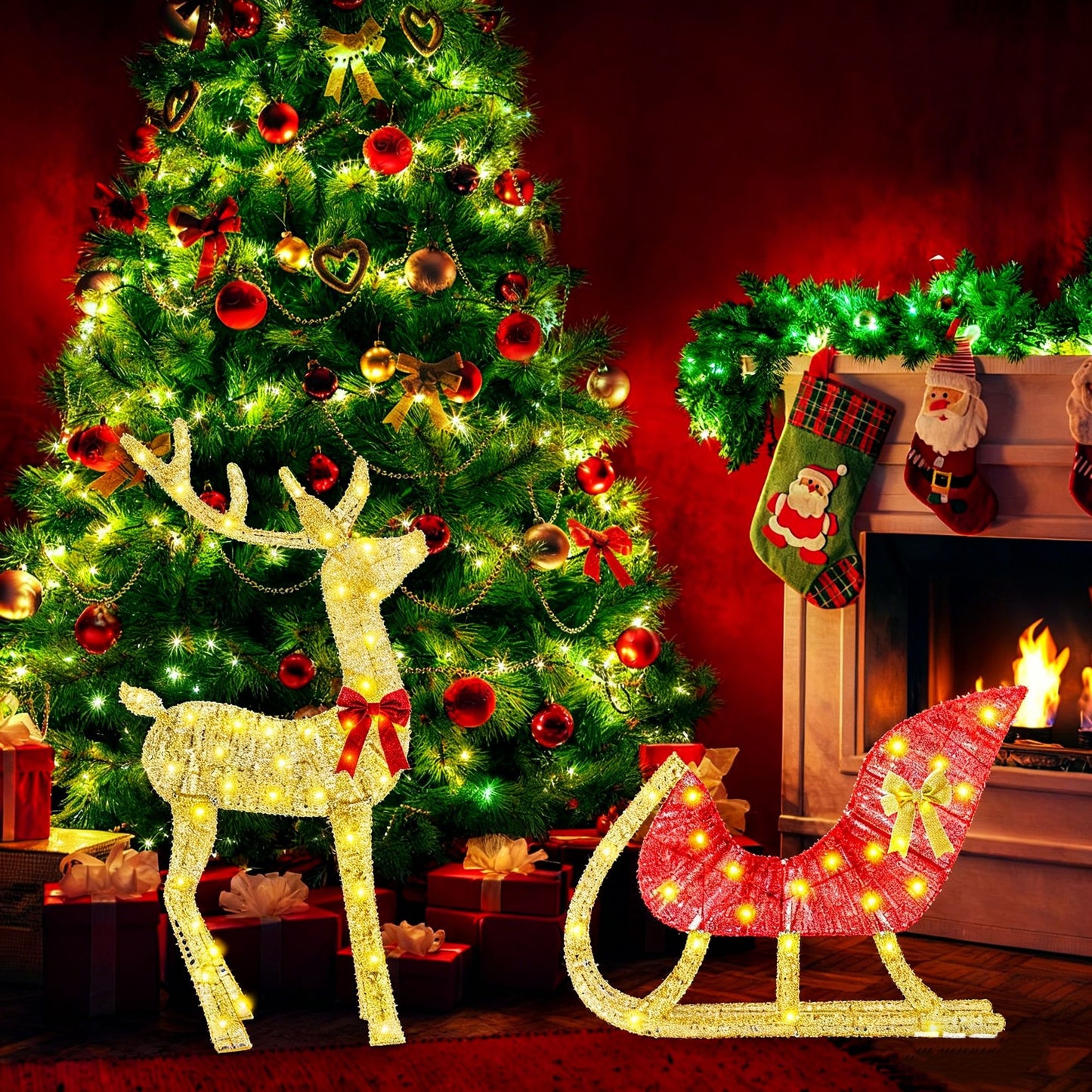 Christmas Reindeer & Sleigh Outdoor Decoration with Lights - 16.97ft LED String (Warm Yellow) 8 Modes, Sturdy Rustproof Iron Frame, Reusable Indoor Outdoor Decor for Yard Patio Party Office