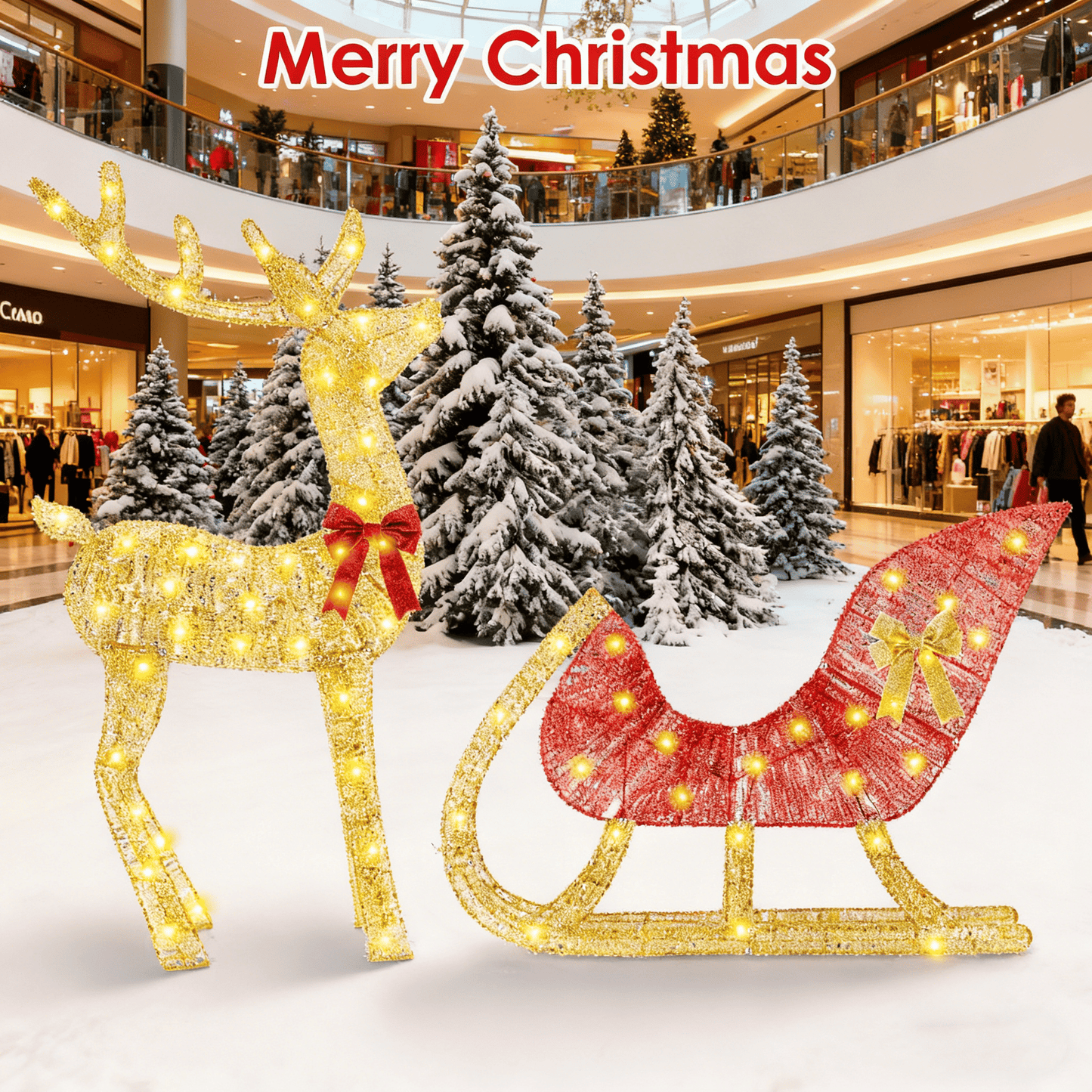 Christmas Reindeer & Sleigh Outdoor Decoration with Lights - 16.97ft LED String (Warm Yellow) 8 Modes, Sturdy Rustproof Iron Frame, Reusable Indoor Outdoor Decor for Yard Patio Party Office