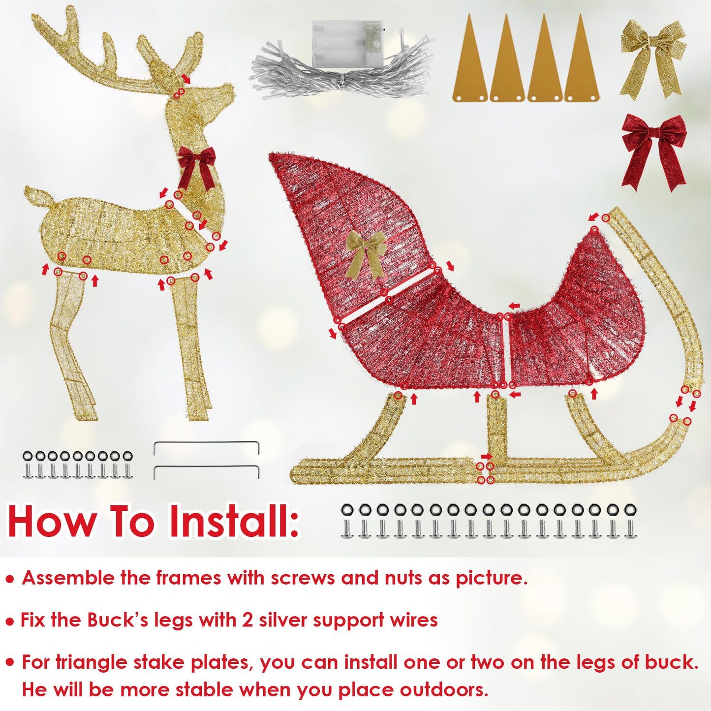Christmas Reindeer & Sleigh Outdoor Decoration with Lights - 16.97ft LED String (Warm Yellow) 8 Modes, Sturdy Rustproof Iron Frame, Reusable Indoor Outdoor Decor for Yard Patio Party Office