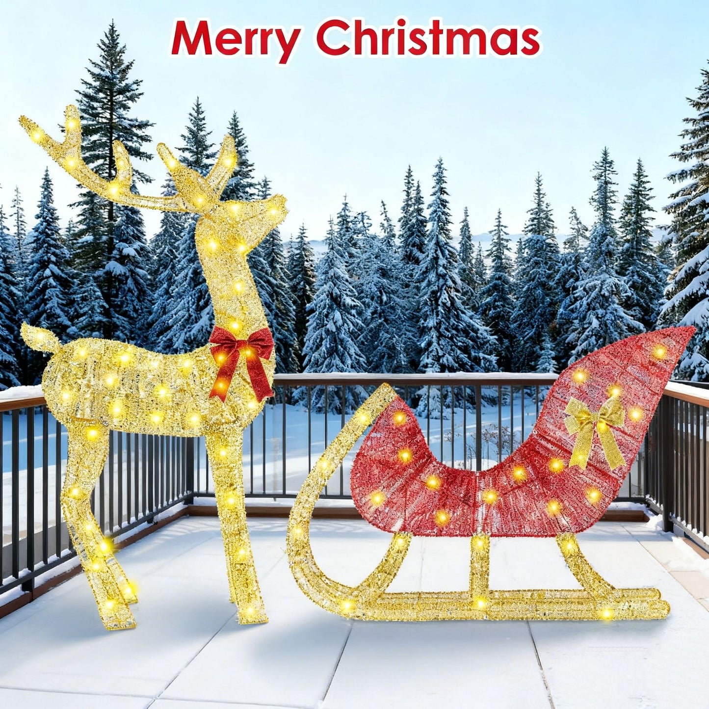 Christmas Reindeer & Sleigh Outdoor Decoration with Lights - 16.97ft LED String (Warm Yellow) 8 Modes, Sturdy Rustproof Iron Frame, Reusable Indoor Outdoor Decor for Yard Patio Party Office