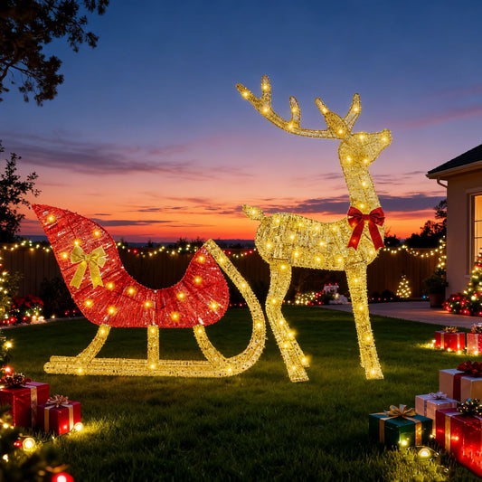 Christmas Reindeer & Sleigh Outdoor Decoration with Lights - 16.97ft LED String (Warm Yellow) 8 Modes, Sturdy Rustproof Iron Frame, Reusable Indoor Outdoor Decor for Yard Patio Party Office