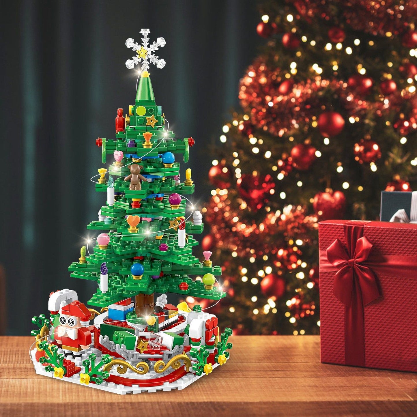 Christmas Tree Building Set - 701 Plastic Pieces, 24-Day Countdown Calendar, 30 USB LED Warm Lights - Santa, Ornaments, Snowflake Topper - Educational Toy for Kids 3-6, Festive Tabletop Decor