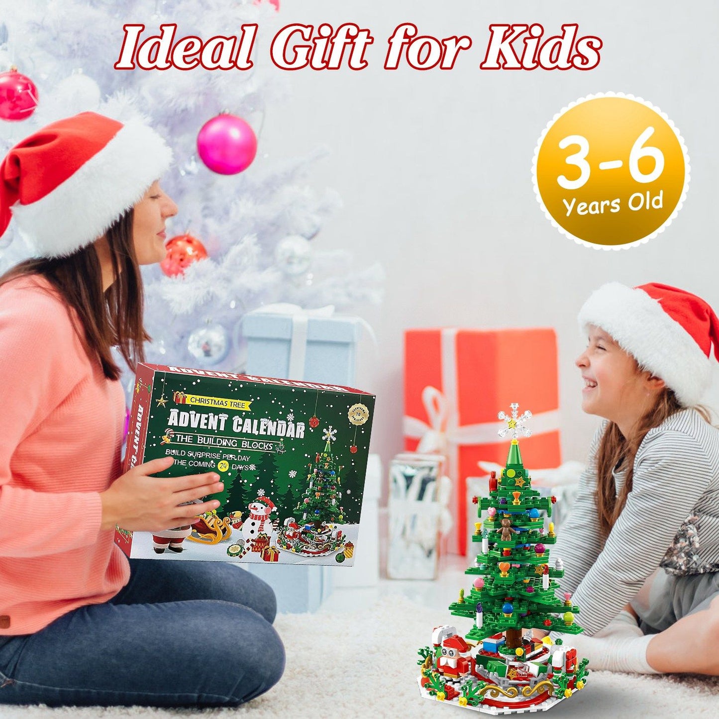 Christmas Tree Building Set - 701 Plastic Pieces, 24-Day Countdown Calendar, 30 USB LED Warm Lights - Santa, Ornaments, Snowflake Topper - Educational Toy for Kids 3-6, Festive Tabletop Decor