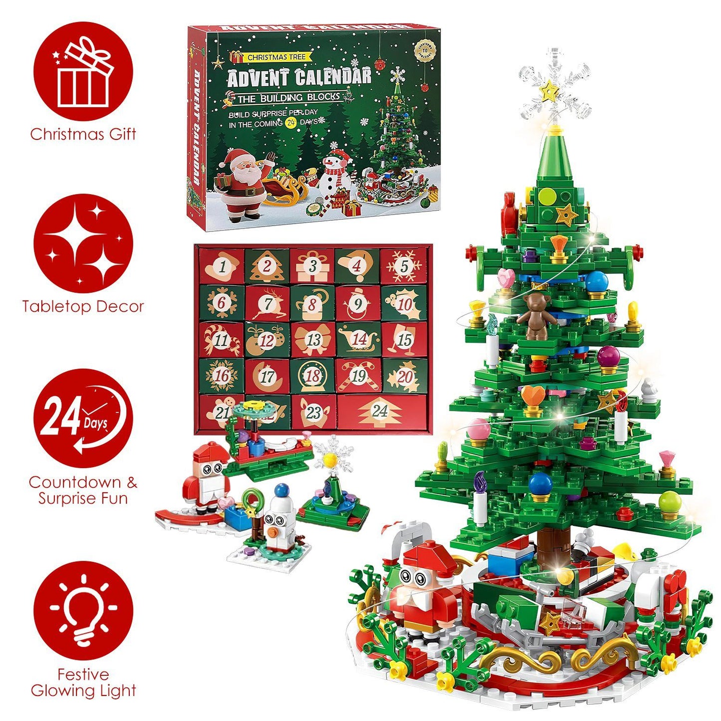 Christmas Tree Building Set - 701 Plastic Pieces, 24-Day Countdown Calendar, 30 USB LED Warm Lights - Santa, Ornaments, Snowflake Topper - Educational Toy for Kids 3-6, Festive Tabletop Decor