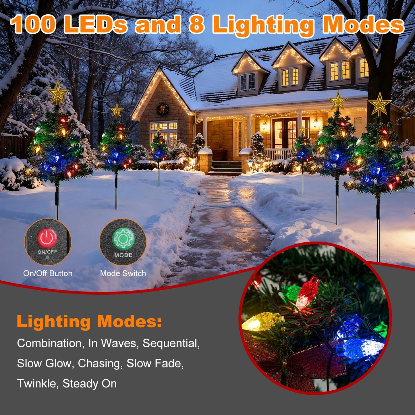 Christmas Tree Lights Solar Powered 2 Pack - 37.4in 100 LEDs 8 Modes, IP44 Waterproof Holiday Decor & Perfect Gift