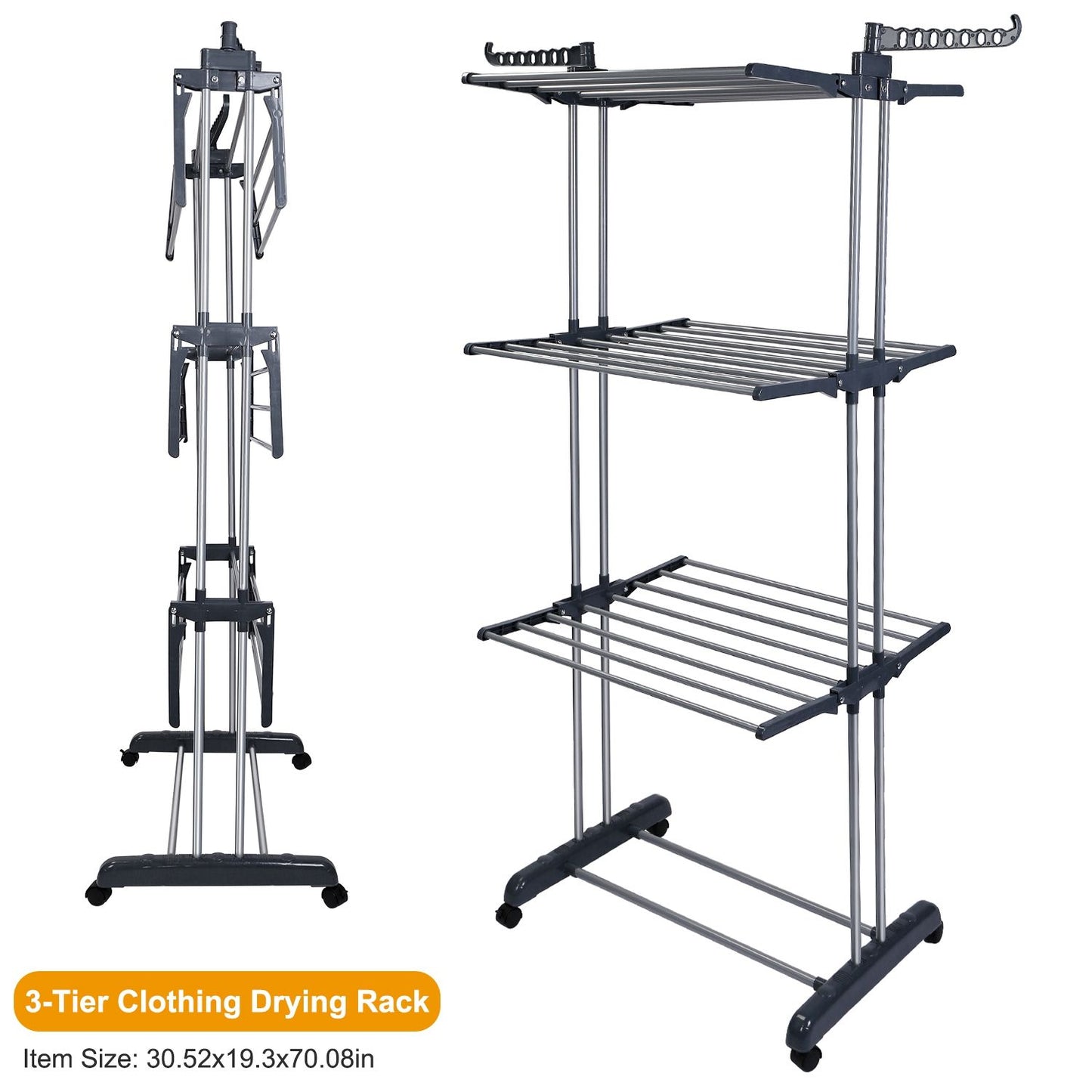 Clothes Drying Rack Rolling Collapsible Laundry Dryer Hanger Stand Rail Shelve Wardrobe Clothing Drying Racks w/ Dual Side Wings