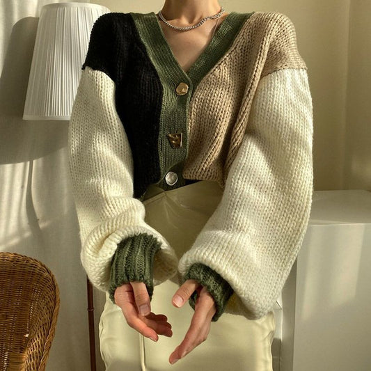 Contrast Color Loose Knit Cardigan For Women Sweater 2021 Autumn Buttons V-Neck Lantern Sleeve Sweaters Vintage Casual Knitear