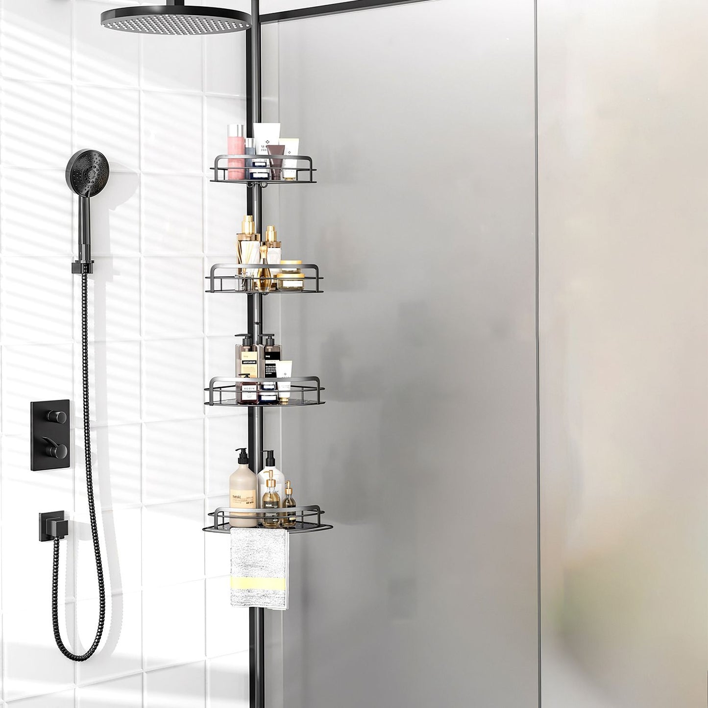 Corner Shower Caddy Tension Pole, Quick Setup, Rust-Free Bathroom Shower Organizer Corner for Bathtub Shampoo Storage, 4-Tier Adjustable Shelf, Drill Free, Fits 8.66 to 116 Inch Height, Black