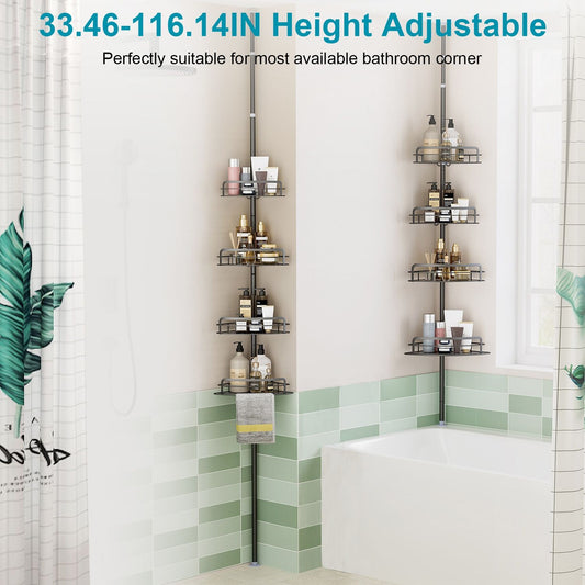 Corner Shower Caddy Tension Pole, Quick Setup, Rust-Free Bathroom Shower Organizer Corner for Bathtub Shampoo Storage, 4-Tier Adjustable Shelf, Drill Free, Fits 8.66 to 116 Inch Height, Black