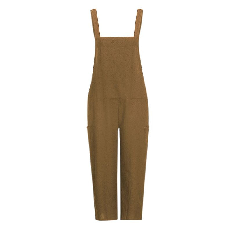 Cotton Linen Backless Wide-leg Female Jumpsuit Patchwork Pocket Suspenders Bib Jumpsuits Women 2021 Spring Summer Fashion Romper