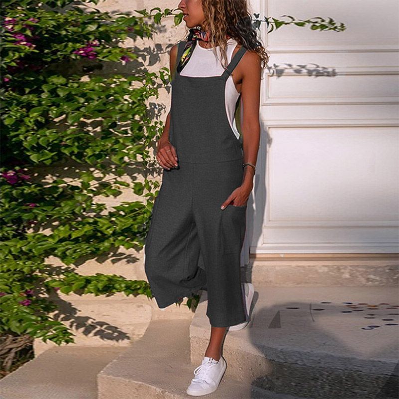 Cotton Linen Backless Wide-leg Female Jumpsuit Patchwork Pocket Suspenders Bib Jumpsuits Women 2021 Spring Summer Fashion Romper