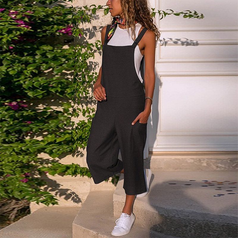 Cotton Linen Backless Wide-leg Female Jumpsuit Patchwork Pocket Suspenders Bib Jumpsuits Women 2021 Spring Summer Fashion Romper