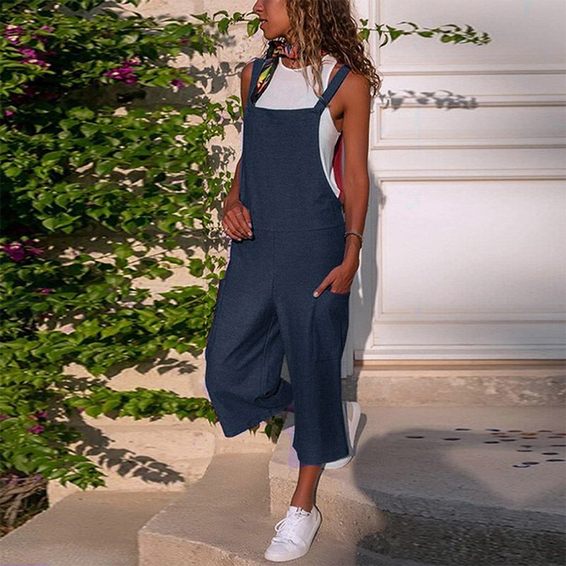 Cotton Linen Backless Wide-leg Female Jumpsuit Patchwork Pocket Suspenders Bib Jumpsuits Women 2021 Spring Summer Fashion Romper
