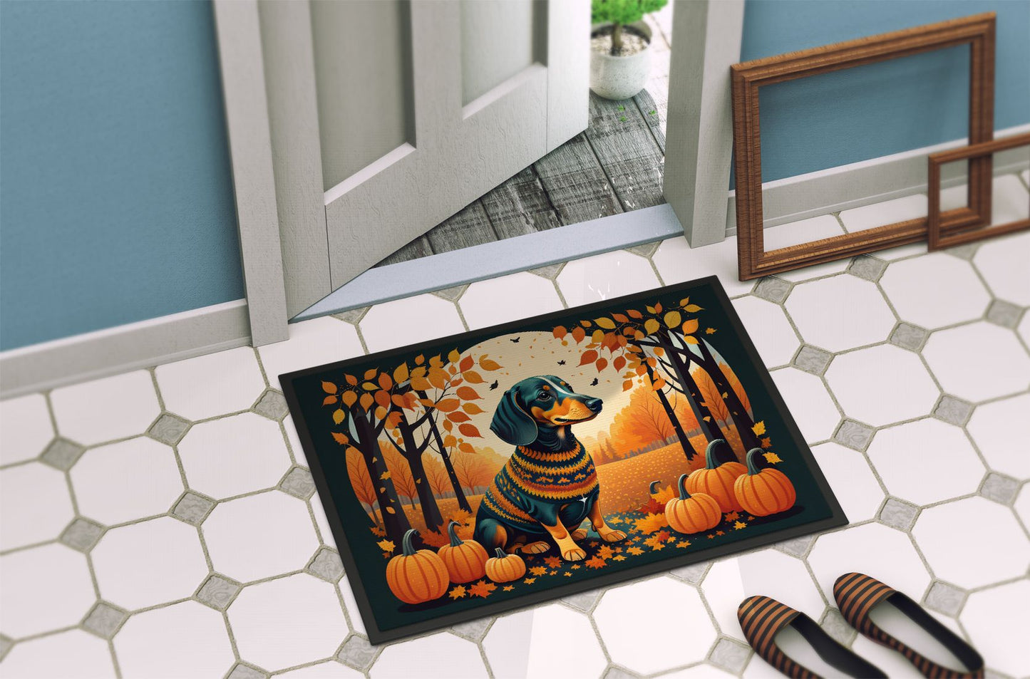 Dachshund Fall Doormat Front Door Mat Indoor Outdoor Rugs for Entryway, Non Slip Washable Low Pile, 24H X 36W