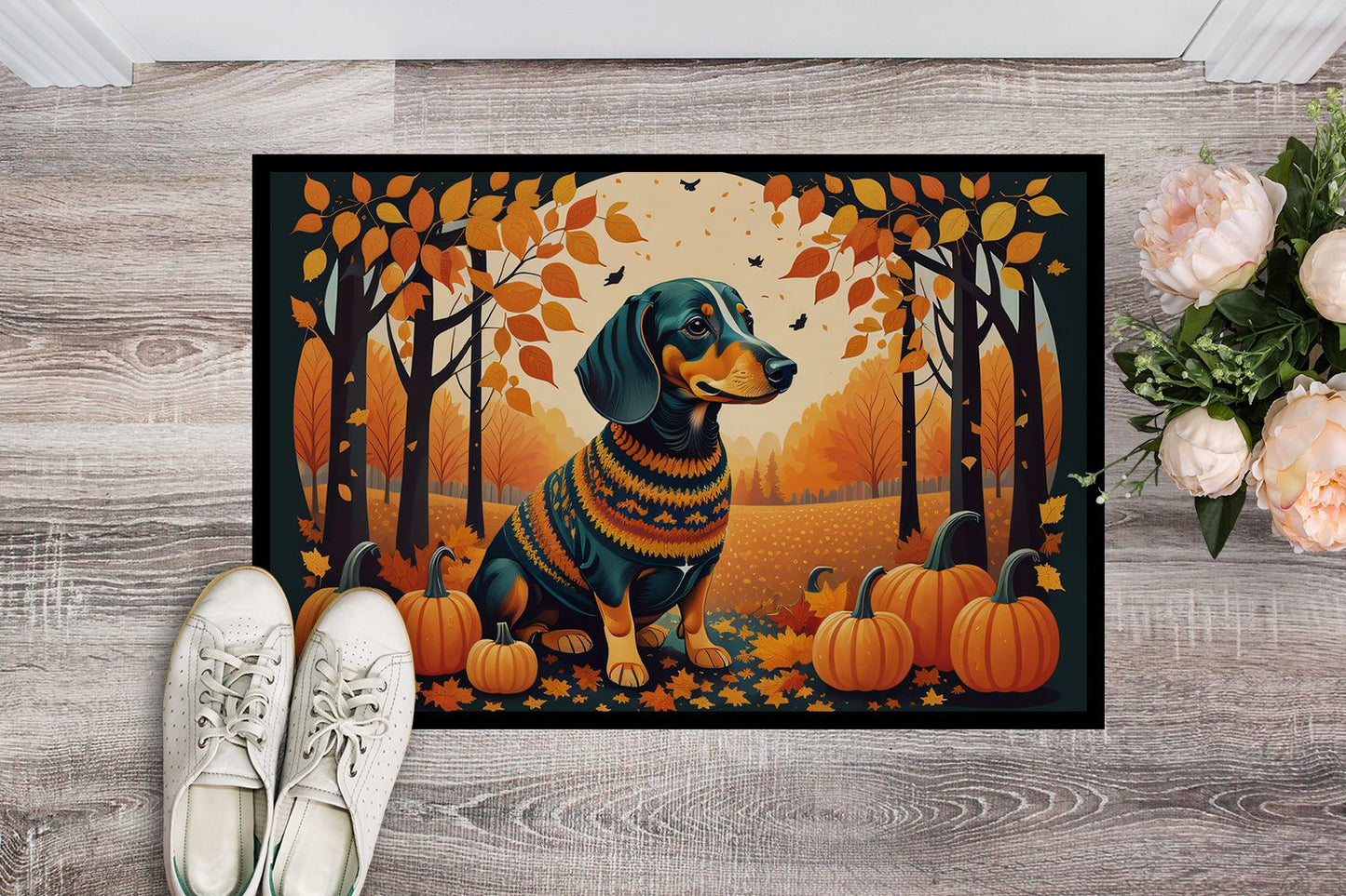 Dachshund Fall Doormat Front Door Mat Indoor Outdoor Rugs for Entryway, Non Slip Washable Low Pile, 24H X 36W