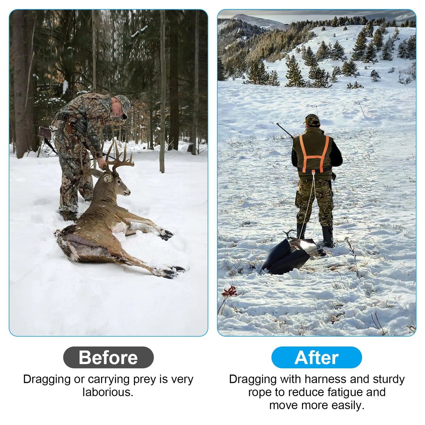 Deer Drag Sled with Dragging Harness Deer Cart Game Hauler Snow Sledding Pad Hunting Gear Supplies with 32.8FT Black Rope 16.1FT White Rope for Hunting Ice Fishing Hauling Fire Wood