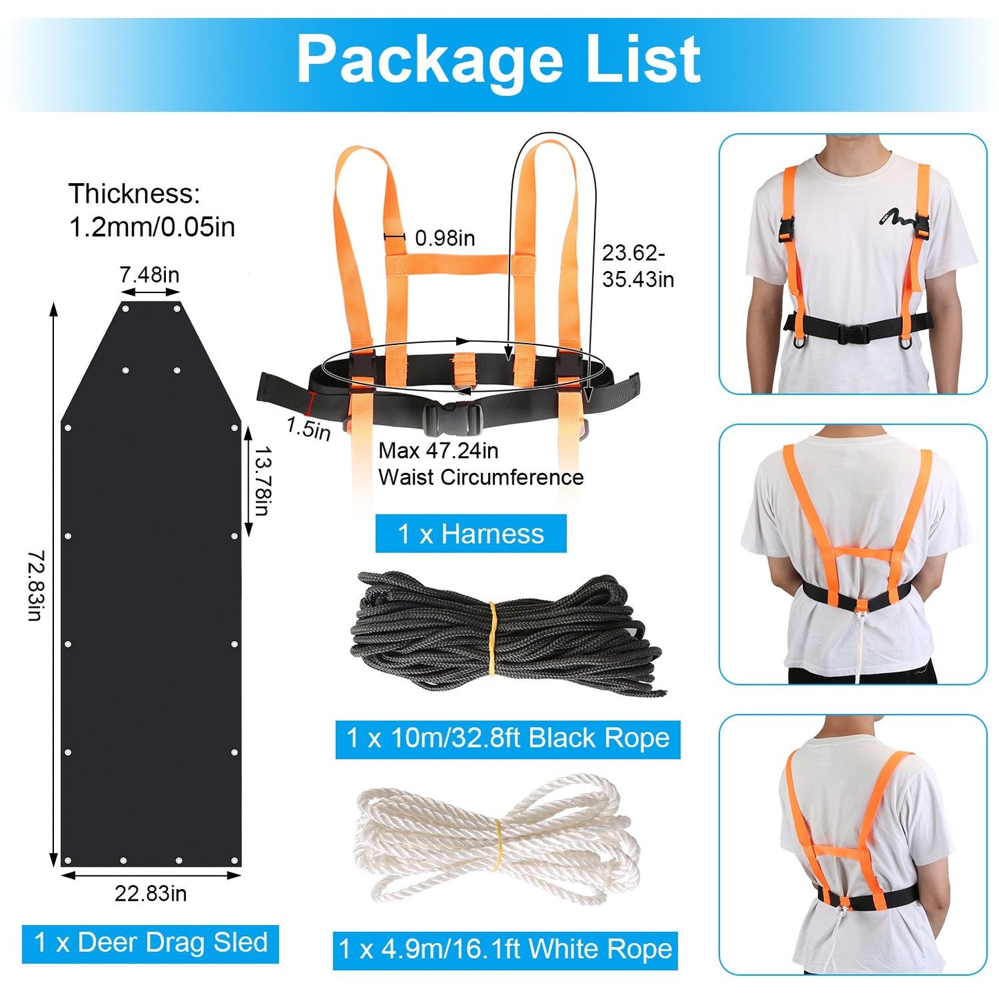 Deer Drag Sled with Dragging Harness Deer Cart Game Hauler Snow Sledding Pad Hunting Gear Supplies with 32.8FT Black Rope 16.1FT White Rope for Hunting Ice Fishing Hauling Fire Wood