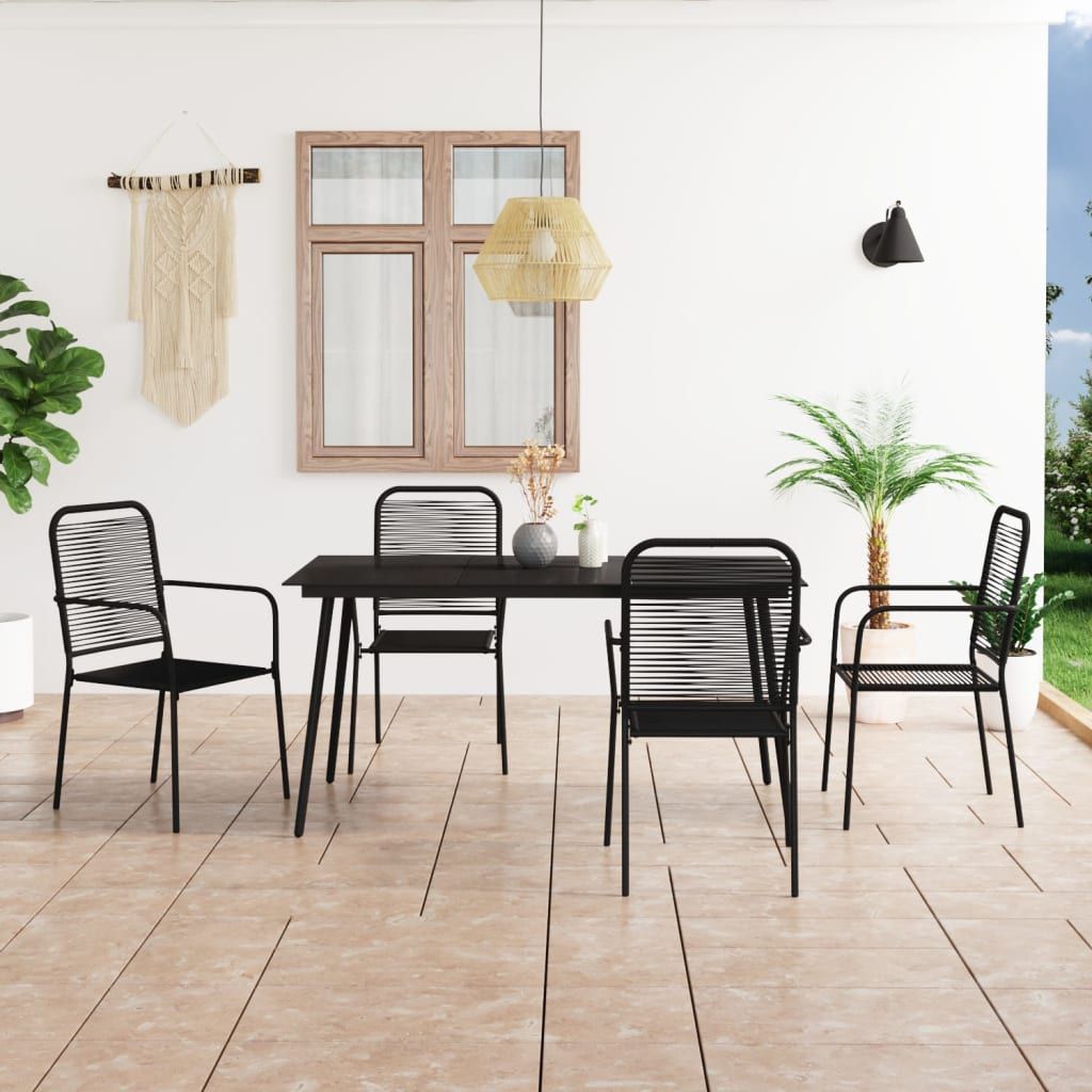 Dining Set Black Cotton Rope, Powder-Coated Steel, Tempered Glass