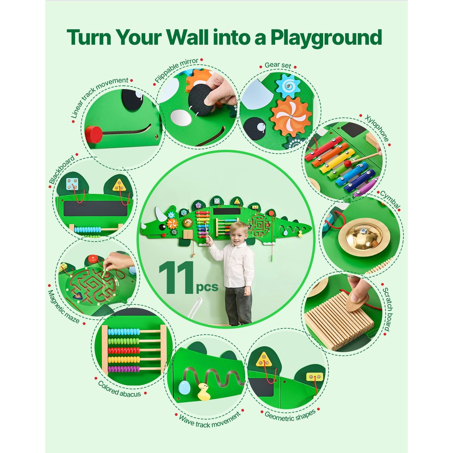Dinosaur Activity Wall Busy Board Panels, 11 Activities, Montessori Sensory Wall Toy for Kids 3-12 Years, Montessori Learning Activity Center, Ideal for Toddler Playroom Nursery Classroom