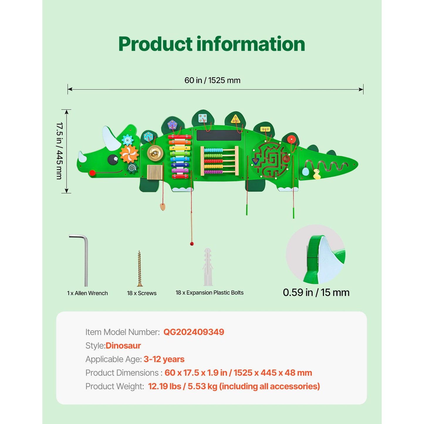 Dinosaur Activity Wall Busy Board Panels, 11 Activities, Montessori Sensory Wall Toy for Kids 3-12 Years, Montessori Learning Activity Center, Ideal for Toddler Playroom Nursery Classroom