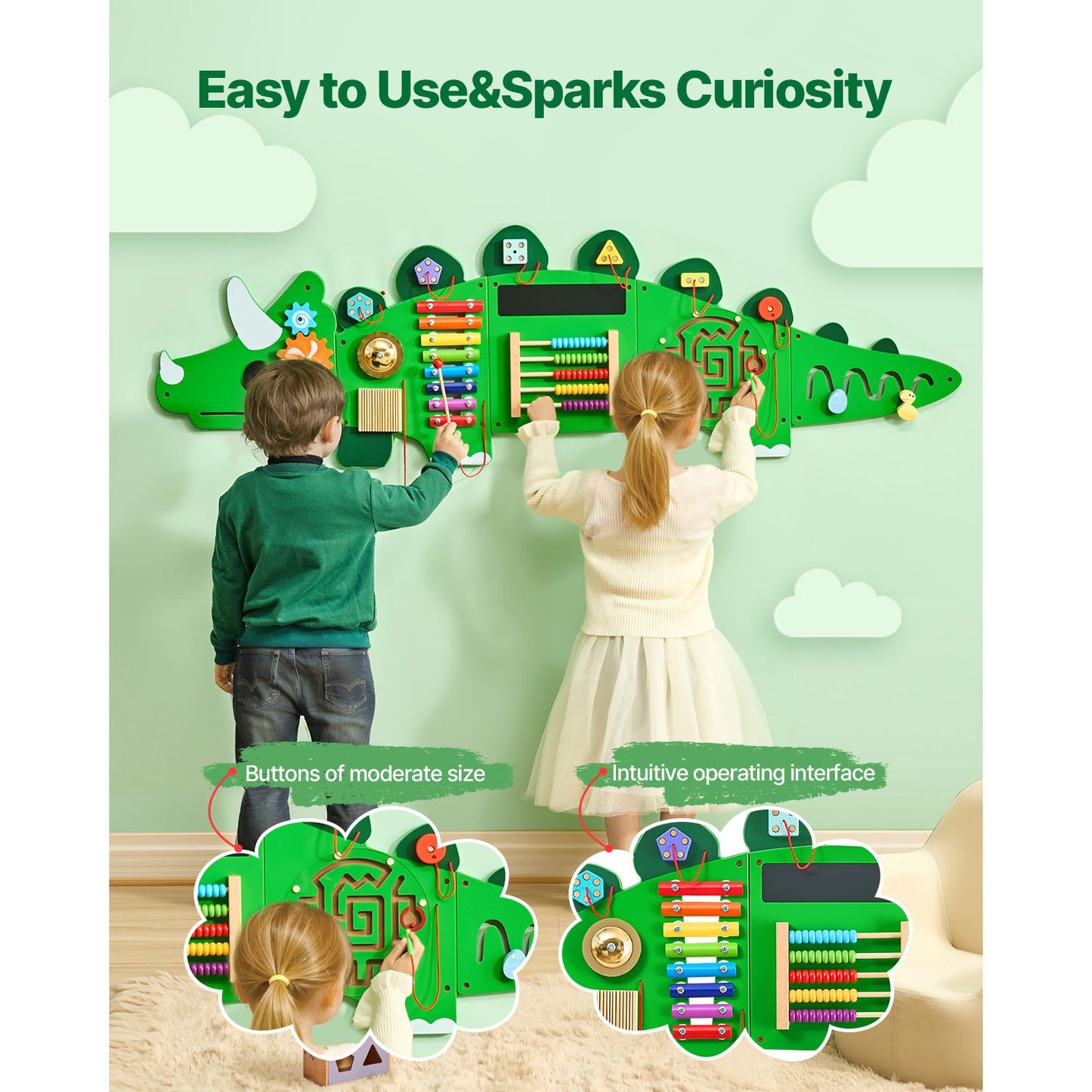 Dinosaur Activity Wall Busy Board Panels, 11 Activities, Montessori Sensory Wall Toy for Kids 3-12 Years, Montessori Learning Activity Center, Ideal for Toddler Playroom Nursery Classroom