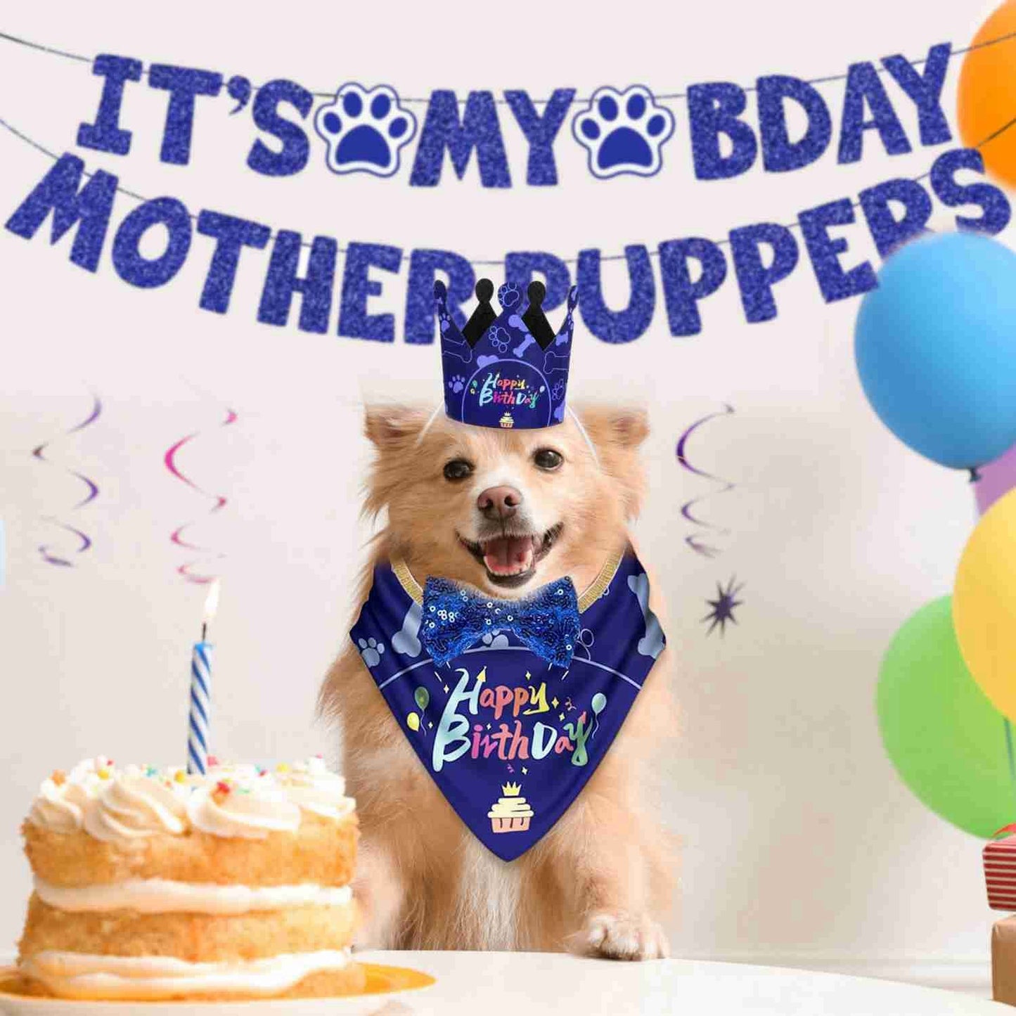 Dog Birthday Party Supplies, Boy Dog Birthday Bandana Set with Cute Dog Bowtie, Scarf, Birthday Banner  Balloons and Hat with Numbers for Medium and Extra Large Dogs Pets(Blue)