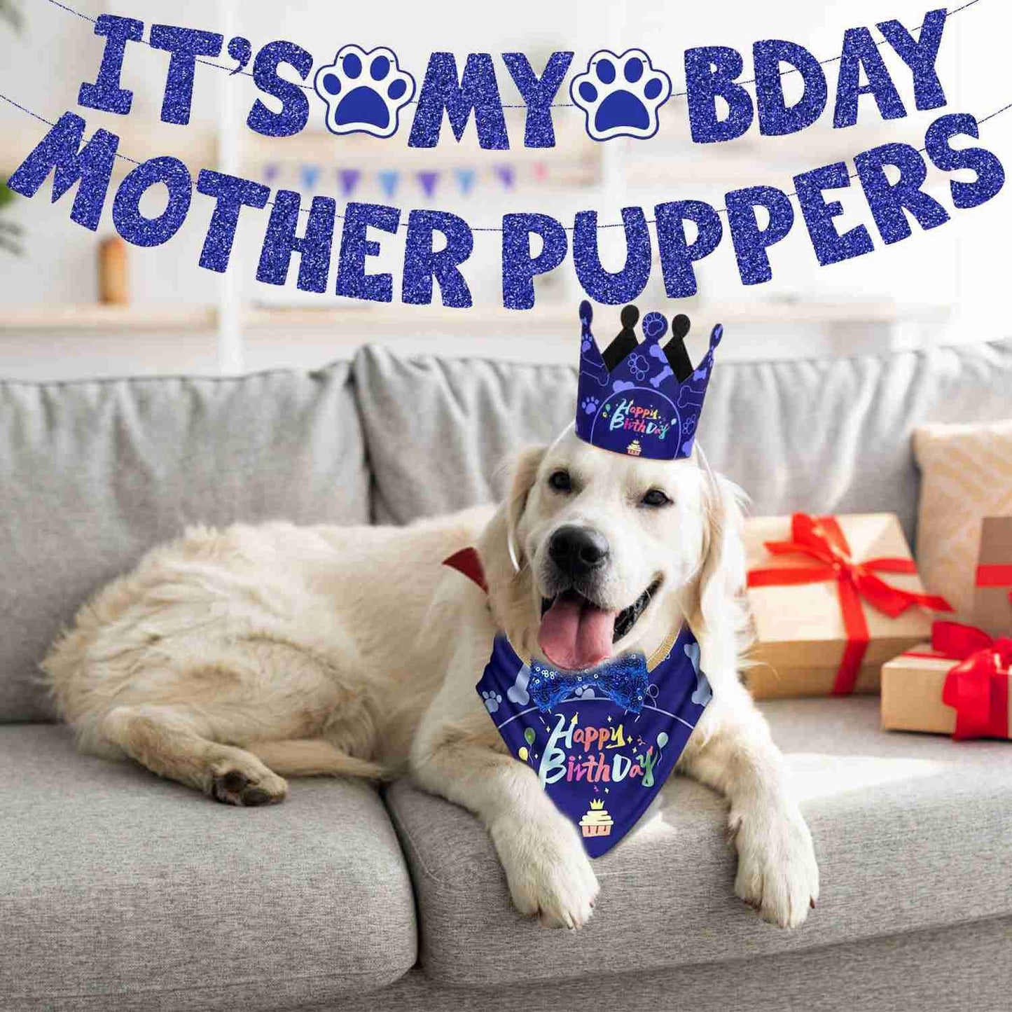 Dog Birthday Party Supplies, Boy Dog Birthday Bandana Set with Cute Dog Bowtie, Scarf, Birthday Banner  Balloons and Hat with Numbers for Medium and Extra Large Dogs Pets(Blue)